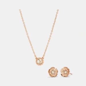 Coach Open Circle Necklace And Tea Rose Stud Earrings Set - Brand New!